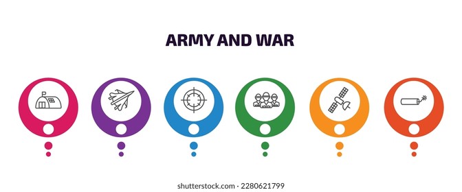 army and war infographic template with icons and 6 step or option. army and war icons such as bunker, jet, target, brigade, military satellites, explosive vector. can be used for banner, info graph,