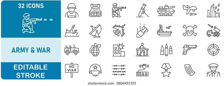 Army and War Line Icons Set. Contain icons related to military, army, soldier, war, defense, combat, weapons, armored vehicle,navy,and more. Editable stroke. Vector illustration.