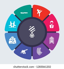 army and war vector template for infographics. Business concept with 9 options, steps, parts, segments. Banner infographic cycling diagram, round chart, Condecoration, combat knife, icons