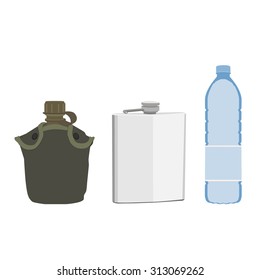 Army water canteen with case, plastic bottle and aluminum flask icons. Vector illustration of military canteen or flask. 