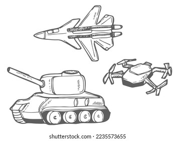 Waffenelemente der Armee. Tank, Kampfflugzeug und Armeetrockner.