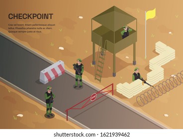 Army weapons soldier isometric background with composition of editable text and outdoor scenery with watch tower vector illustration