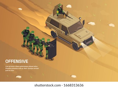 Army weapons soldier isometric background with editable text and outdoor composition with group of special forces vector illustration