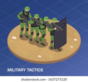 Army weapons soldier isometric composition with text and group of special forces moving forward in line vector illustration