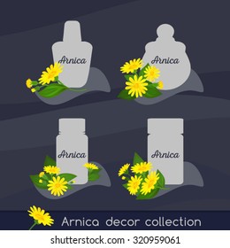 Arnica design set. Different variants of composition with cosmetic bottles and arnica flowers, buds and leaves. Decorative presentation of arnica products.