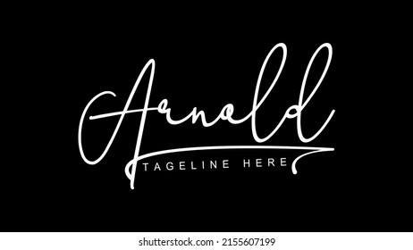 Arnold Elegant vector name signature logo design.Manual identity autograph signature sign.White Signature For Document On black Background.Isolated hand drawn name logo design.