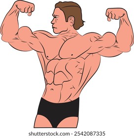 Arnold Schwarzenegger em seu auge, mostrando seu físico icônico em uma poderosa pose de musculação. Ele flexiona seus bíceps e ombros musculares com uma definição incrível, enfatizando o pico de sua 