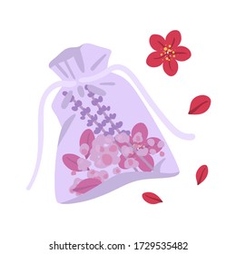 Aroma bag with flowers, petals and salt. Vector illustration.