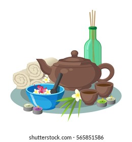 Aroma and beauty concept vector collection of blue bowl with flowers and special spoon, brown teapot with round cups, green transparent bottle with sticks inside, white soft towels and round candles