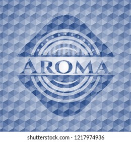 Aroma blue emblem or badge with abstract geometric polygonal pattern background.
