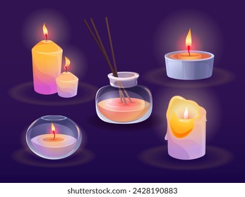 Aroma burning candles and scent diffuser with sticks. Cartoon vector illustration set of color candlelight for aromatherapy in glass jar and container with fragrance