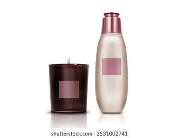 Aroma-Kerze und kosmetische Flasche Mockup einzeln auf weißem Hintergrund. Vektorrealistische Illustration von Glasbecher mit Aromatherapiewachs, Blindbehälter mit Heilmassageöl oder Hautpflegelotion