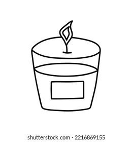 Aroma candle in a glass candlestick with label in doodle style. Birthday, celebration, holiday, party, hygge, aromatherapy concept. Black and white vector illustration for coloring book.