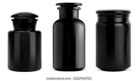 Aroma candle glass jar. Isolated vintage romantic decoration. Realistic aromatherapy spa candle with stopper, black object with orange, coffee or tea aromatic. Traditional apothecary mixture jar