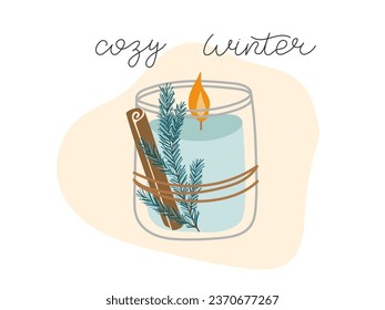 Aroma candle in a jar decorated with cinnamon and spruce branch. Cozy winter concept. Home interior design element. Christmas holiday background