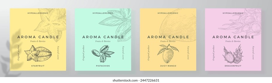 Aroma candle label design templates set. Scented air freshener product sticker mockup backgrounds collection. Fruit scent decorative packaging layouts bundle