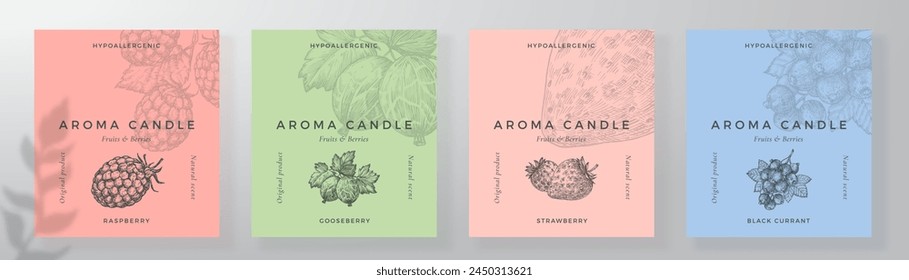 Aroma Candle Label Design Vorlagen Set. Duftluft-Frischer-Produkt-Aufkleber Mockup Hintergründe Kollektion. Fruchtbeeren Duft dekorative Verpackungs-Layouts Paket