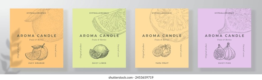 Aroma candle label design templates set. Scented air freshener product sticker mockup backgrounds collection. Fruit citrus scent decorative packaging layouts bundle