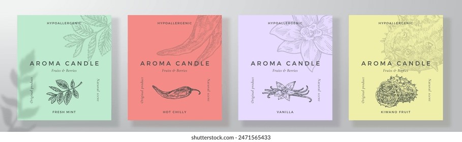 Aroma candle label design templates set. Scented air freshener product sticker mockup backgrounds collection. Fruit spices scent decorative packaging layouts bundle