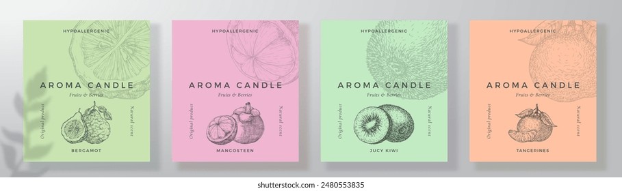 Conjunto de Plantillas de diseño de etiqueta de vela de aroma. Colección de fondo de maqueta de producto ambientador de aire perfumado. Aroma de cítricos de frutas decorativos diseños de envases Paquete