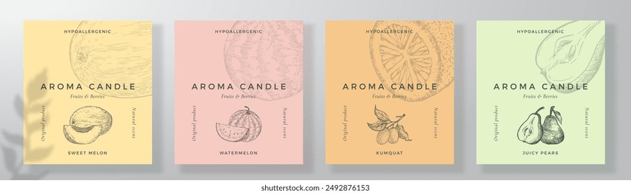 Aroma candle label design templates set. Scented air freshener product sticker mockup backgrounds collection. Fruit citrus scent decorative packaging layouts bundle