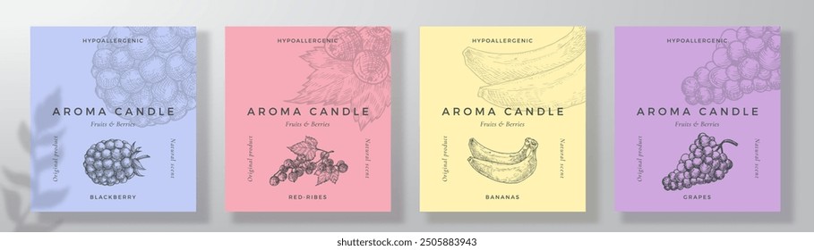 Conjunto de Plantillas de diseño de etiqueta de vela de aroma. Ambientador de aire perfumado producto pegatina de maqueta fondos colección Fruta y bayas olor diseños de embalaje decorativo Paquete