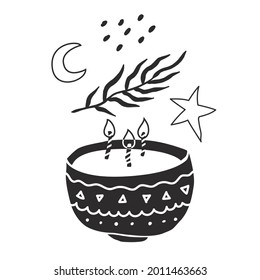 Aroma candle with three candlewick. Simple shape elements star, moon, branch, dots. Vector illustration. Isolated on white background. Aroma therapy, relaxation, romantic atmosphere.
