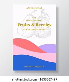 Aroma candle vector label template. Fruits and berries scent from local purveyors advert design. Ink pears sketch background layout with abstract waves decor. Natural smell product package text space.