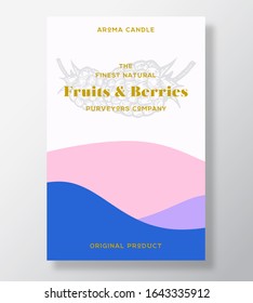 Aroma candle vector label template. Fruits and berries scent from local purveyors advert design. Raspberry sketch background layout with abstract waves decor. Natural smell product package text space.