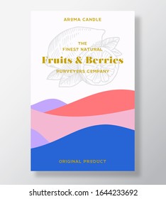 Plantilla de etiqueta vectorial de vela de Aroma. Frutas y bayas arden del diseño de los proveedores de cítricos locales. Diseño de fondo de sketch de limón Tinta con decoración de ondas abstractas. Espacio de texto del paquete de productos de olor natural.