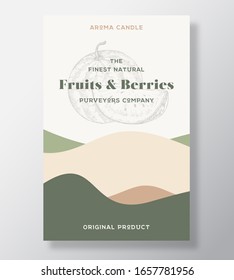 Aroma candle vector label template. Fruits and berries scent from local purveyors advert design. Ink watermelon sketch background layout with abstract waves decor. Natural smell product package.