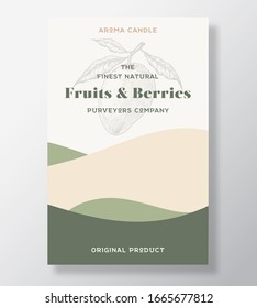 Aroma candle vector label template. Fruits and berries scent from local purveyors advert design. Mango sketch background layout with abstract waves decor. Natural smell product package text space.