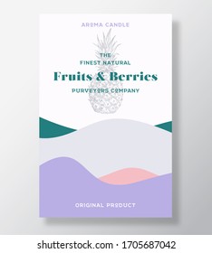 Aroma candle vector label template. Fruits and berries scent from local purveyors advert design. Pineapple sketch background layout with abstract waves decor. Natural smell product package text space.