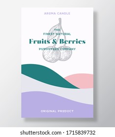 Aroma candle vector label template. Fruits and berries scent from local purveyors advert design. Cherry sketch background layout with abstract waves decor. Natural smell product package text space.