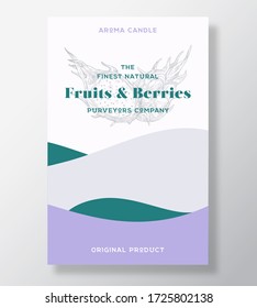 Plantilla de etiqueta vectorial de vela de Aroma. Frutos y bayas arden de proveedores locales anuncian el diseño. Diseño de fondo del boceto de frutos secos con decoración de ondas abstractas. Espacio de texto del paquete de productos del olor natural