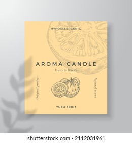 Aroma candle vector label template. Exotic Yuzu fruit scent from local purveyors advert design. Ink style sketch background layout decor. Natural smell product package text space