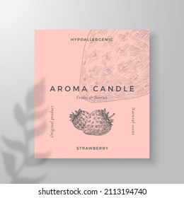 Aroma candle vector label template. Strawberry berry scent from local purveyors advert design. Ink style sketch background layout decor. Natural smell product package text space