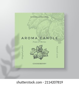 Aroma candle vector label template. Gooseberry berry scent from local purveyors advert design. Ink style sketch background layout decor. Natural smell product package text space