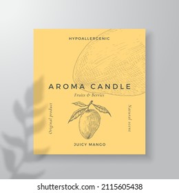 Aroma candle vector label template. Mango fruit scent from local purveyors advert design. Ink style sketch background layout decor. Natural smell product package text space