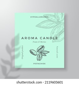 Aroma candle vector label template. Pistachio nuts scent from local purveyors advert design. Ink style sketch background layout decor. Natural smell product package text space