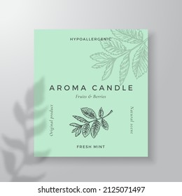 Aroma candle vector label template. Mint leaves scent from local purveyors advert design. Ink style sketch background layout decor. Natural smell product package text space