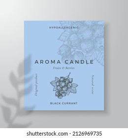 Aroma candle vector label template. Black Currant berry scent from local purveyors advert design. Ink style sketch background layout decor. Natural smell product package text space