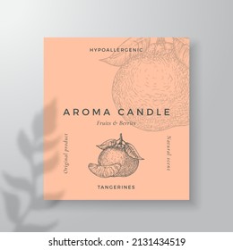 Aroma candle vector label template. Tangerine scent from local purveyors advert design. Ink style sketch background layout decor. Natural smell product package text space