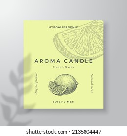 Aroma candle vector label template. Lime scent from local purveyors advert design Ink style sketch background layout decor. Natural smell product package text space