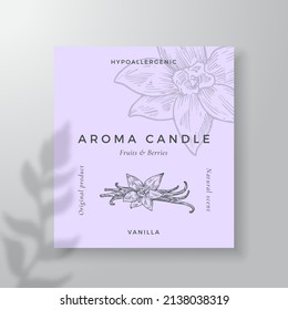 Aroma-Kerze, Vektorgrafik-Vorlage. Vanilla Gewürz Duft von lokalen Anbietern Werbung Design. Die Einrichtung ist im Stil einer Skizze mit floralem Hintergrund. Textraum für Naturgeruch-Produkte