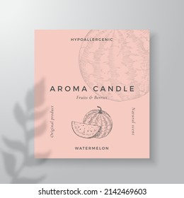 Aroma candle vector label template. Watermelon scent from local purveyors advert design Ink style sketch background layout decor. Natural smell product package text space