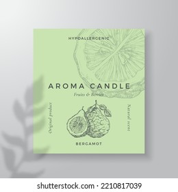 Aroma Candle Vector Label Template. Bergamot Citrus Scent From Local Purveyors Advert Design Ink Style Sketch Background Layout Decor. Natural Smell Product Package Text Space