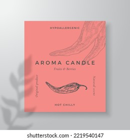 Plantilla de etiqueta vectorial de vela de Aroma. El perfume chilly de pimienta de los proveedores locales anuncian el diseño de diseño de fondo estilo Tinta. Espacio de texto del paquete de productos de olor natural