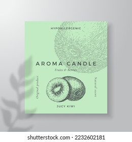 Aroma candle vector label template. Kiwi scent from local purveyors advert design Ink style sketch background layout decor. Natural smell product package text space