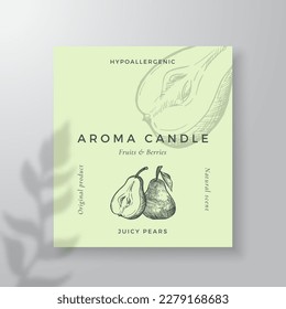 Aroma candle vector label template. Pear scent from local purveyors advert design Ink style sketch background layout decor Natural smell product package text space